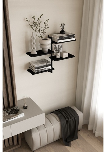 Aju 4 Katlı Duvar Rafı Metal Çerçeveli Dekoratif Kitaplık Ve Raf Ünitesi Modern Ve Minimalistt Siyah
