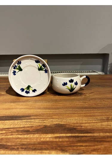 Mavi Çiçek Desenli Seramik Kupa, Mug, Double Türk Kahvesi Filtre
