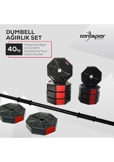 Tan Spor 40KG Dambıl Ağırlık Halter Ağırlık Kısa Bar ve 150 cm Düz Bar Seti
