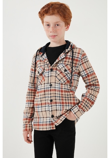 Lela Kapüşonlu Çift Cepli Ekoseli Kışlık Oduncu Erkek Çocuk Gömlek Cf24W81778 Bej-Taba