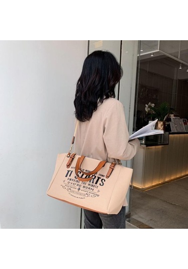 Beyaz Yogodlns Kadın Tote Çanta Moda Mektup Büyük Kapasiteli Kanvas Omuz Çantası Rahat Büyük Çanta Beyaz