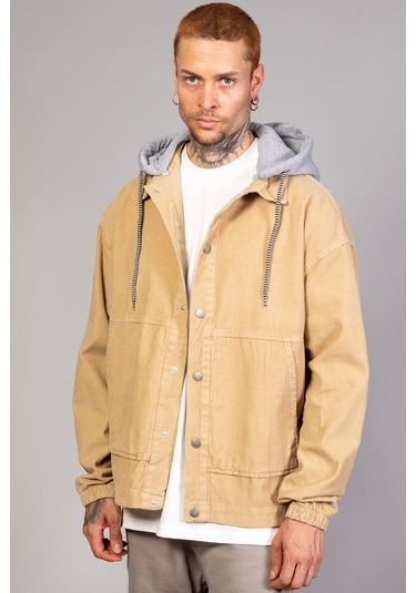 Erkek Bej Çıkarılabilir Kapüşonlu Oversize Pamuklu Kadife Ceket Bej