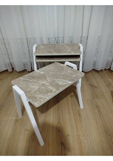 Zigon Sehpa 3'lü Mermer Desenli Tepsi Model Açık Mermer Desen Beyaz Ayak Mermer Desenli