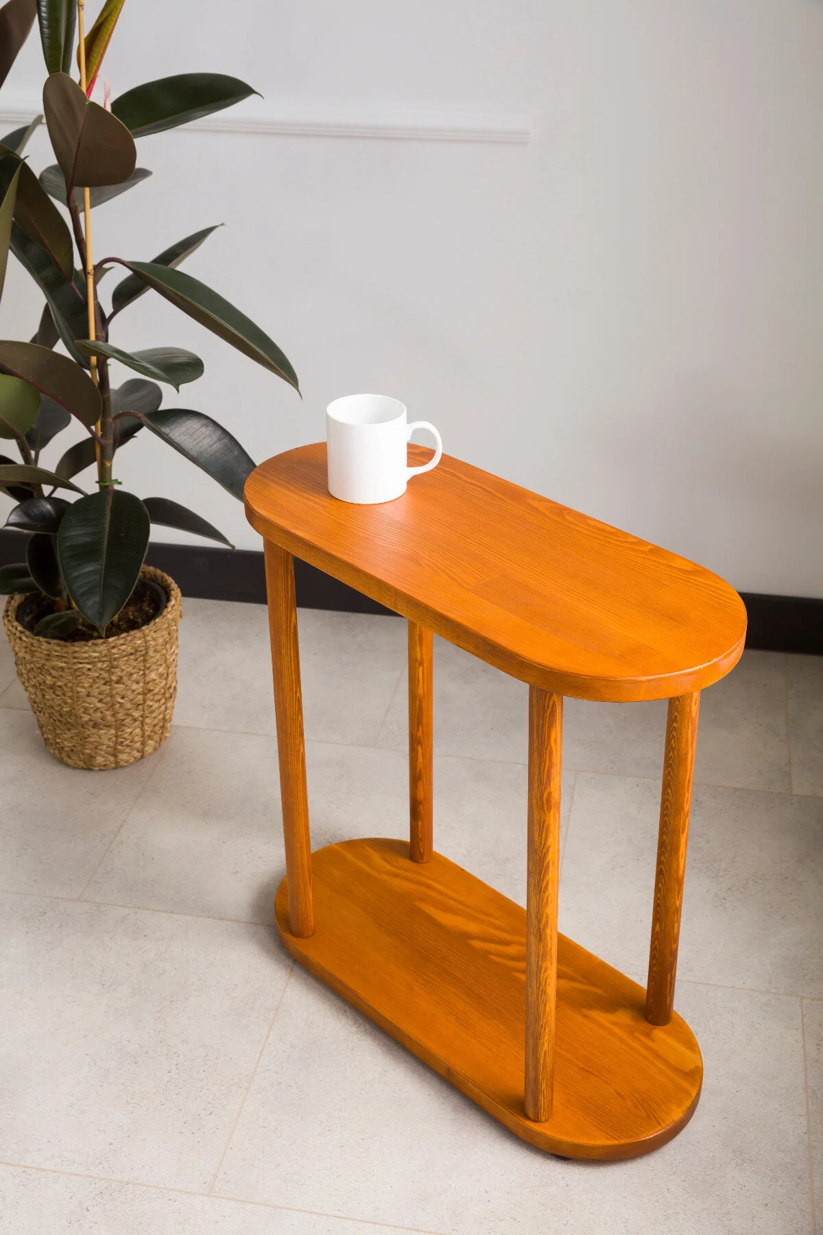 Furnirem Masif Ahşap Oval Yan Sehpa 60x25 Cm Kestane