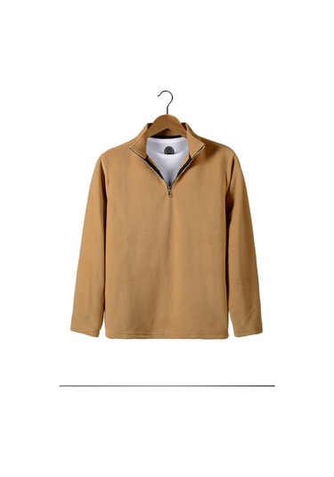 Bej Yarım Fermuarlı Regular Kalıp Dik Yaka Polar Sweatshirt Bej