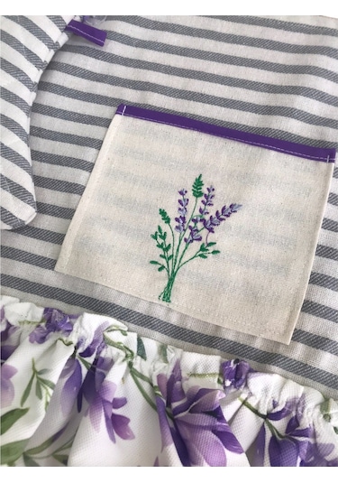 Lavanta Nakışlı, Fırfırlı, Buldan Keten Fırın Önlüğü Örtüsü Ve Eldiveni