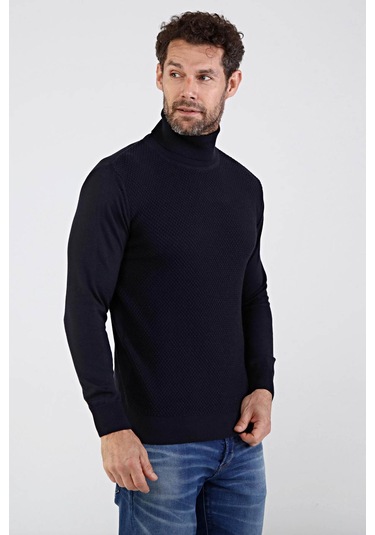 Çizgi Triko Erkek Tam Balıkçı Yaka Pamuklu Triko Kazak 4669E Laci Lacivert