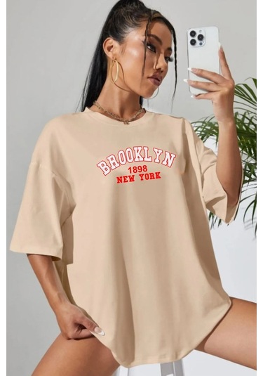 Unisex Brooklyn Baskılı T-shirt Bej