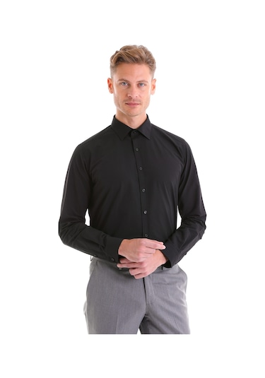 Hatemoğlu Slim Fit Pamuklu Uzun Kollu Erkek Gömlek Siyah