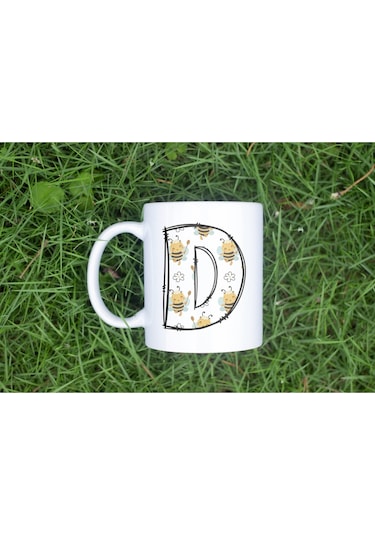 D Harfi Arı Desenli Kupa - Sevimli Hayvan Temalı Kişiye Özel Kahve Kupası - Şans Kupası Beyaz