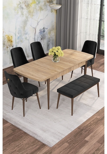Mona Meşe 80x132 Açılabilir Mdf Masa Yemek Odası Takımı, Mutfak Takımı 4 Sandalye, 1 Bench Meşe Masa - 4+1 Siyah - Ceviz Ayak