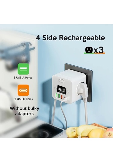 Motion003 Beyaz 3 Ac Cikisi 3 Usb A Ve 2 Usb C Portlu Kompakt Cok Fonksiyonlu Guc Kubu Duvara Monte Edilebilir Asiri Gerilim Korumali Siyah