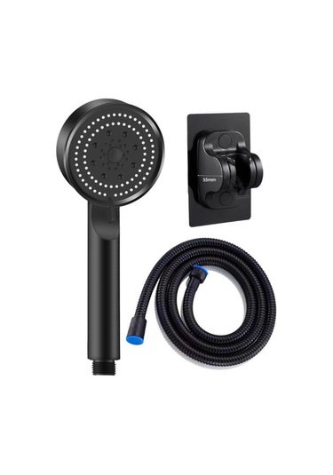 Berev 5 Fonksiyonlu Yüksek Basınçlı Duş Başlığı Yapışkanlı Mafsal 150 Cm Hortum Siyah Duş Seti Siyah