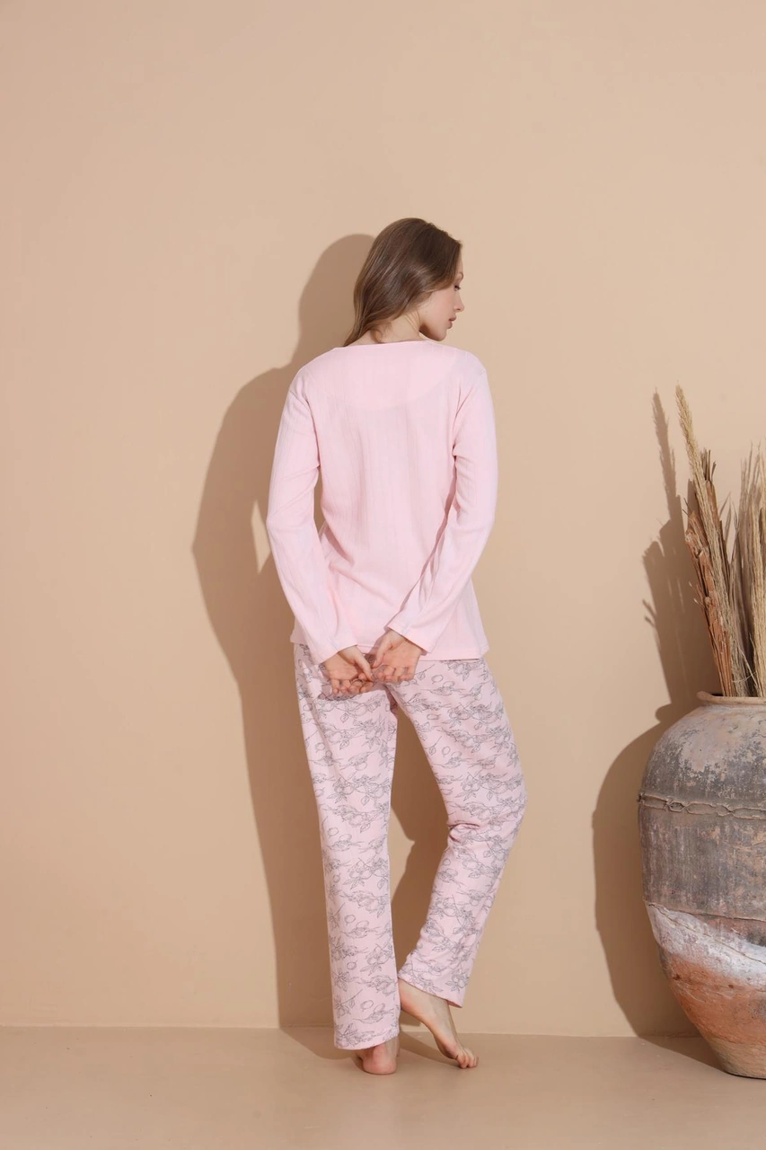 Lindros Kadın Pamuk'lu Düğme Yaka Raporlu İnterlok Kışlık Pijama Takımı 05033 - 1 Adet Pembe