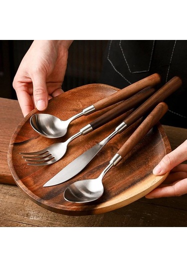 Teltree 304 Paslanmaz Çelik 4'lü Beste: Doğal Ceviz Saplı Yemeklik Takımı Ceviz