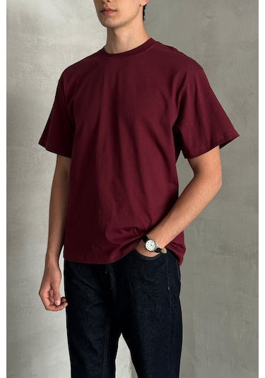 Hyman Erkek %100 Pamuk Oversize Basic T-shirt Bordo