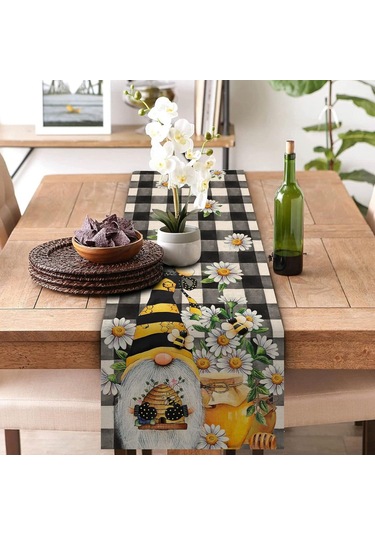 Bahar Arı Gnome Masa Koşucu, Bal Siyah Beyaz Ekose Kontrol Ev Mutfak Yemek Dekor
