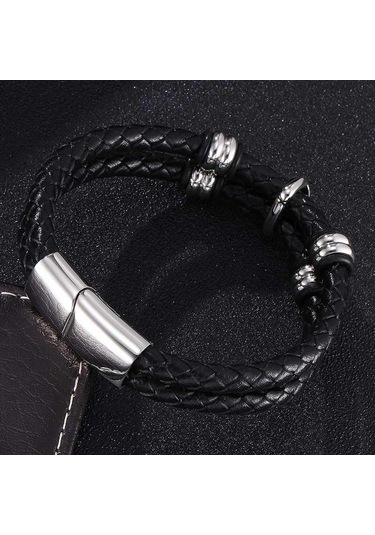 Erkek Bileklik Küçük Süs Eşyası Hakiki Deri Bileklik Çift Kat El Paslanmaz Çelik Tokalar Bileklik Hediye Siyah