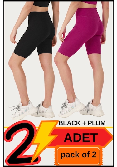 Kadın Yüksek Bel Toparlayıcı Kısa Siyah &mürdüm Şort Tayt 2'li Paket Lycralı Biker Shorts 21077 Siyah - Mürdüm