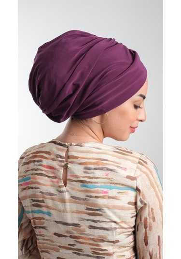 Mürdüm Pratik Hazır Geçmeli Tesettür Bone Sandy Kumaş Büzgülü 211 Mürdüm