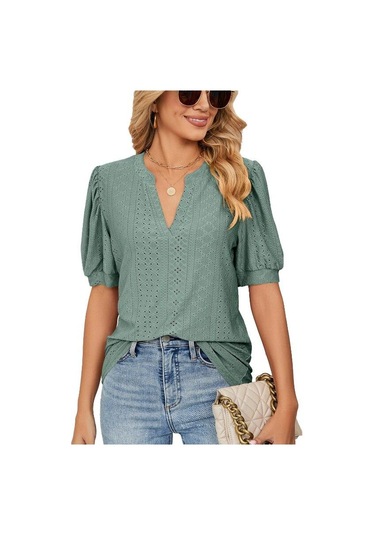 Yaz Katı Dantel Kadın Gömlek Zarif Içi Boş Puf Kısa Kollu Kazak Bluz Kadın Rahat V Yaka Gevşek Kadın Üstleri Blusas 24698 Orion