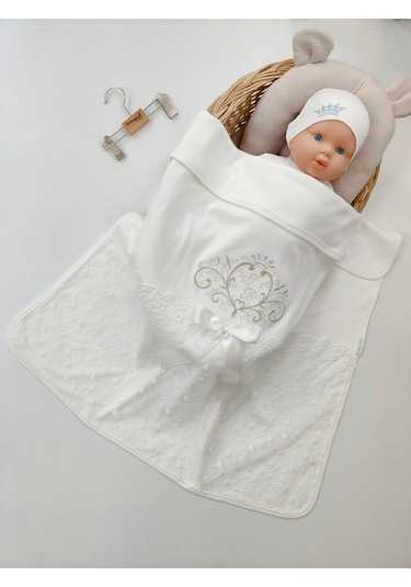 Pembe Kız Bebek Battaniyesi %100 Pamuklu Şık Dantelli Nakışlı Doğal Organik Uyku Örtüsü Yenidoğan Ekru