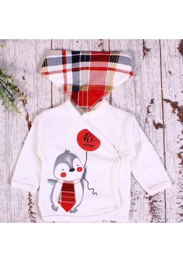 Yeni Doğan Ekose Penguen Fularlı 5'li Erkek Bebek Takımı Kırmızı Kırmızı