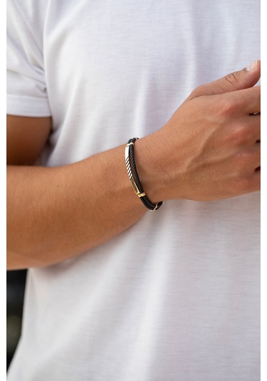 Cenova Kuyumculuk 14 Ayar Altın Siyah Örme Kauçuk Erkek Bileklik Siyah