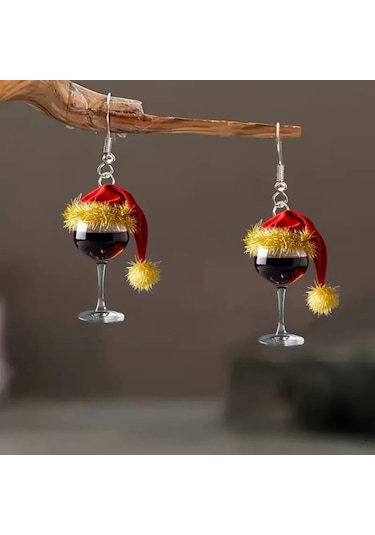 Skycity Noel Şapka Ve Şarap Bardağı Desenli Akrilik Küpe Altın Kenar - Hafif, Festivite Stili, Noel Partileri İçin Gold