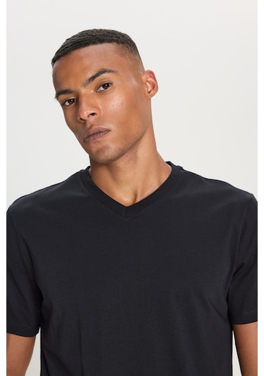 Ac&Co / Altınyıldız Classics Dar Kesim V Yaka Pamuklu Erkek Tişört Siyah