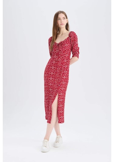 DeFacto Bodycon Vücudu Saran Kare Yaka Çiçek Desenli Yırtmaçlı Bürümcük Yarım Kol Midi Elbise Z5262AZ25SPBR466