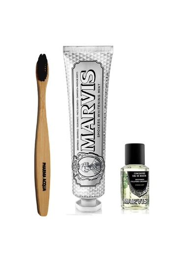 Marvis Smokers Whitening Mint Diş Macunu 85 ML + Bambu Diş Fırçası + Konsantre Ağız Gargarası 30 ML