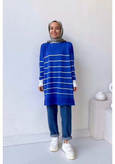 Bisiklet Yaka Çizgili Merserize Tunik - İndigo