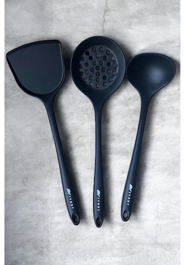 Siyah Ivory Silikon Büyük Boy Kepçe -kevgir -spatula Set Siyah