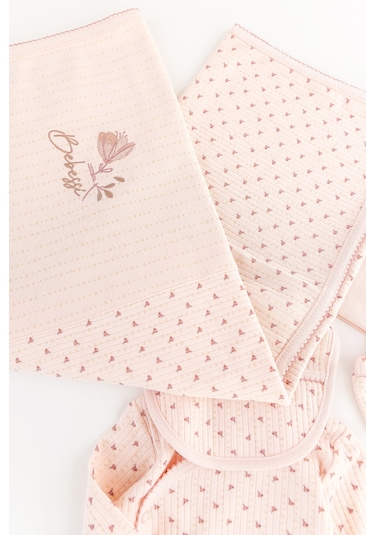 Çiçek Desenli Fırfırlı Pamuklu 10 Parça Kız Bebek Hastane Çıkışı Bebek Takımı Somon