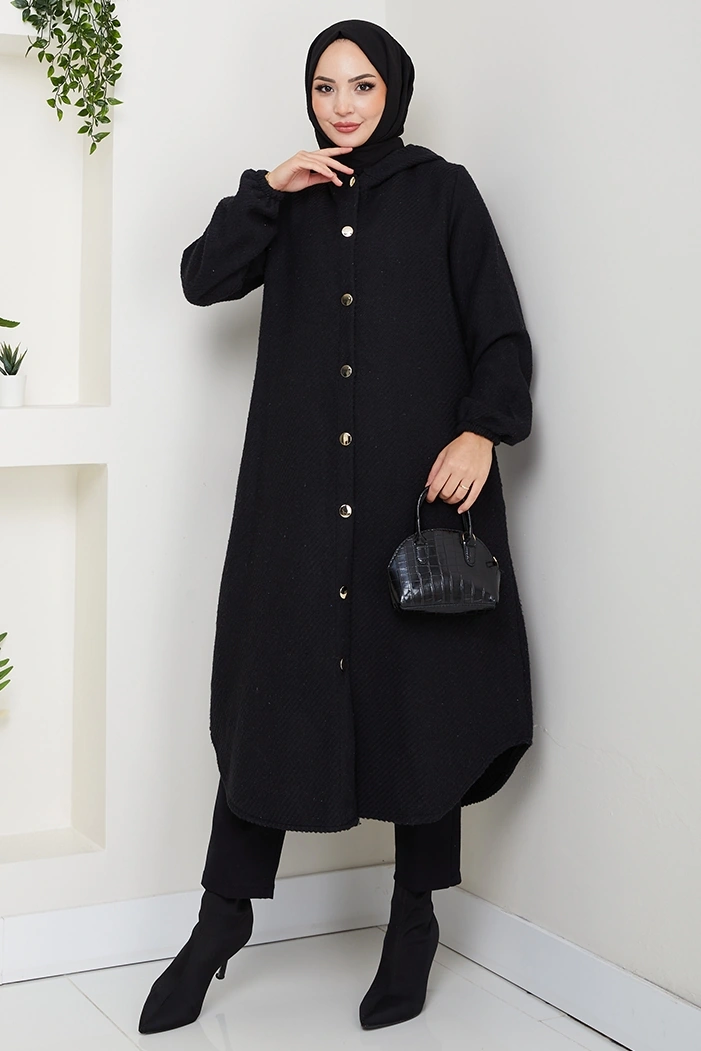 Çizgi Detay Kapüşonlu Kaşe Kap 1634 - Siyah Siyah