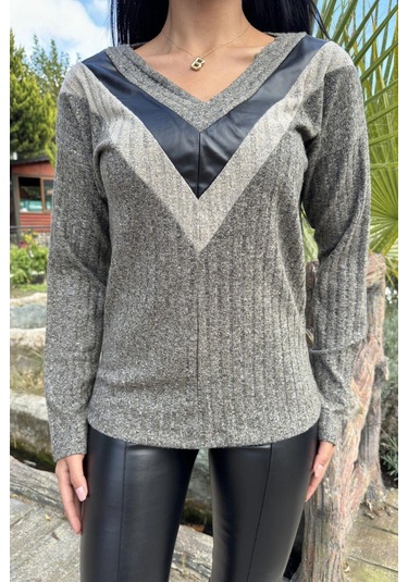 Haki & Antrasit Deri Kontrastlı V Yaka Kaşkorse Kazak Haki