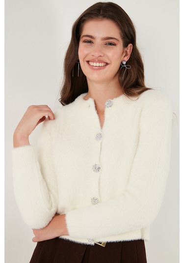 Lela Fitted Fit Bisiklet Yaka Yumuşak Dokulu Crop Bayan Hırka 4615559 Ekru