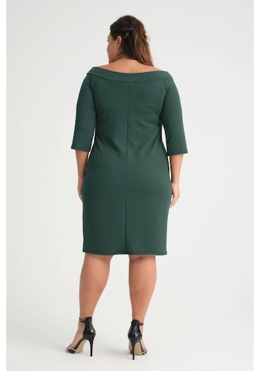 Kadın Yeşil Carmen Yaka Truvakar Kol Büyük Beden Esnek Krep Elbise-yeşil Yeşil