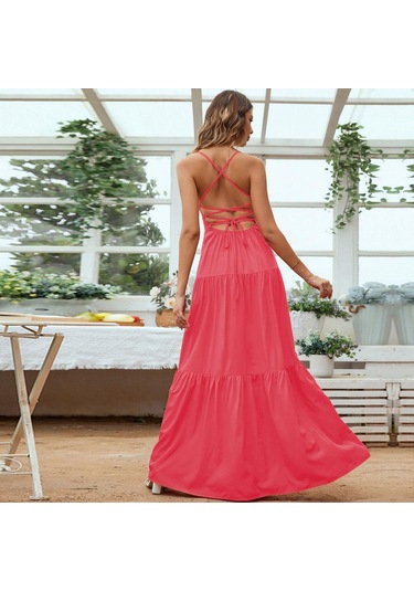 Hnxc Kadın Moda Yaz Bahar Düz Renk Baskı Kolsuz Kare Yaka Günlük Elbiseler Kırmızı