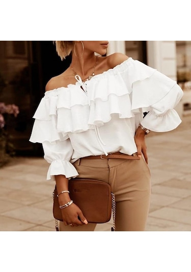 Yaz Kadın T-shirt Tek Boyun Şifon Gömlek Kadın Elastik Omuz Kravat Fırfır Üstleri Rahat Gevşek Orta Kollu Beyaz