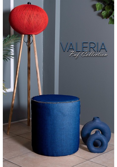 VALERİA MAVİ KETEN KUMAŞ YUVARLAK PUFF &BENCH&KOLTUK&TABURE&POFUDUKYATAK ODASI PUF MODELLERİ