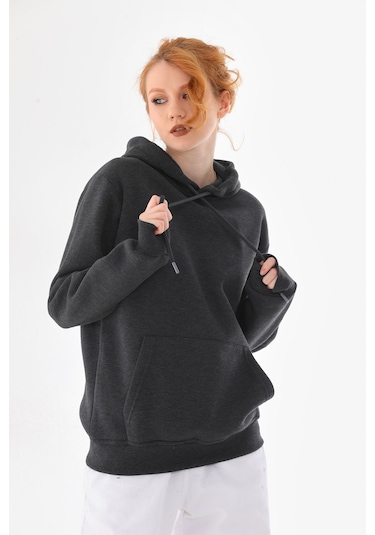 Everest Everst Kapüşonlu 3 İplik Şardonlu Cepli Sweatshirt Antrasit Antirasit