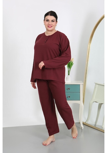 Akbeniz Kadın Büyük Beden Uzun Kol Penye Pijama Takımı Bordo 202501 Bordo