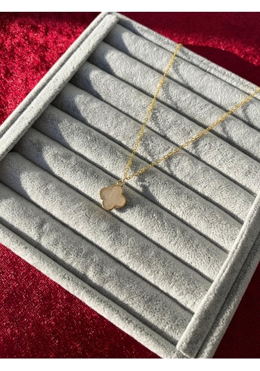 Ulaş Aksesuar Beyaz Sedef Yonca Gold Zincir Kararmaz Paslanmaz Kadın Kolye Gold