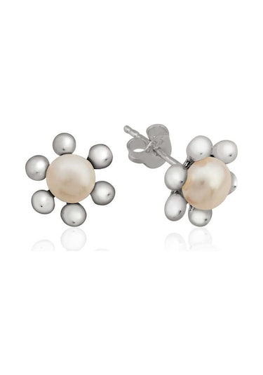 Gümüş İnci Çiçek Çivili Küpe Gümüş