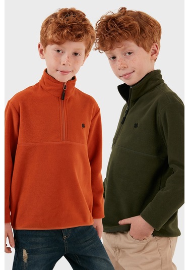 Lela Yumuşak Dokulu Fermuarlı Dik Yaka Şardonlu 2'Li Paket Çocuk Polar 5905002S2 Haki-Oranj