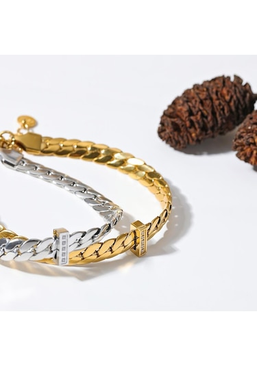 Gümüş Eetit Yüksek Kalite 18 K Altın Kaplama Küba Zincir Paslanmaz Çelik Bilezik Bileklik Zirkon Bildirimi Şık Moda Su Geçirmez Takı Gümüş