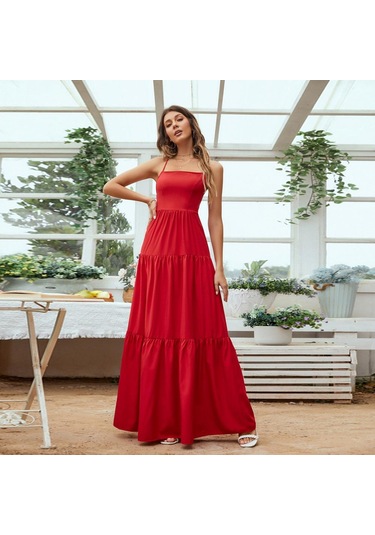 Hnxc Kadın Moda Yaz Bahar Düz Renk Baskı Kolsuz Kare Yaka Günlük Elbiseler Kırmızı