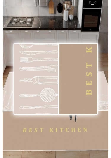 Dijital Baskılı Dekoratif Kaymaz Taban Yıkanabilir Halı Best Kıtchen Desenli Utfak Halısı Yolluk Salon Halısı Krem